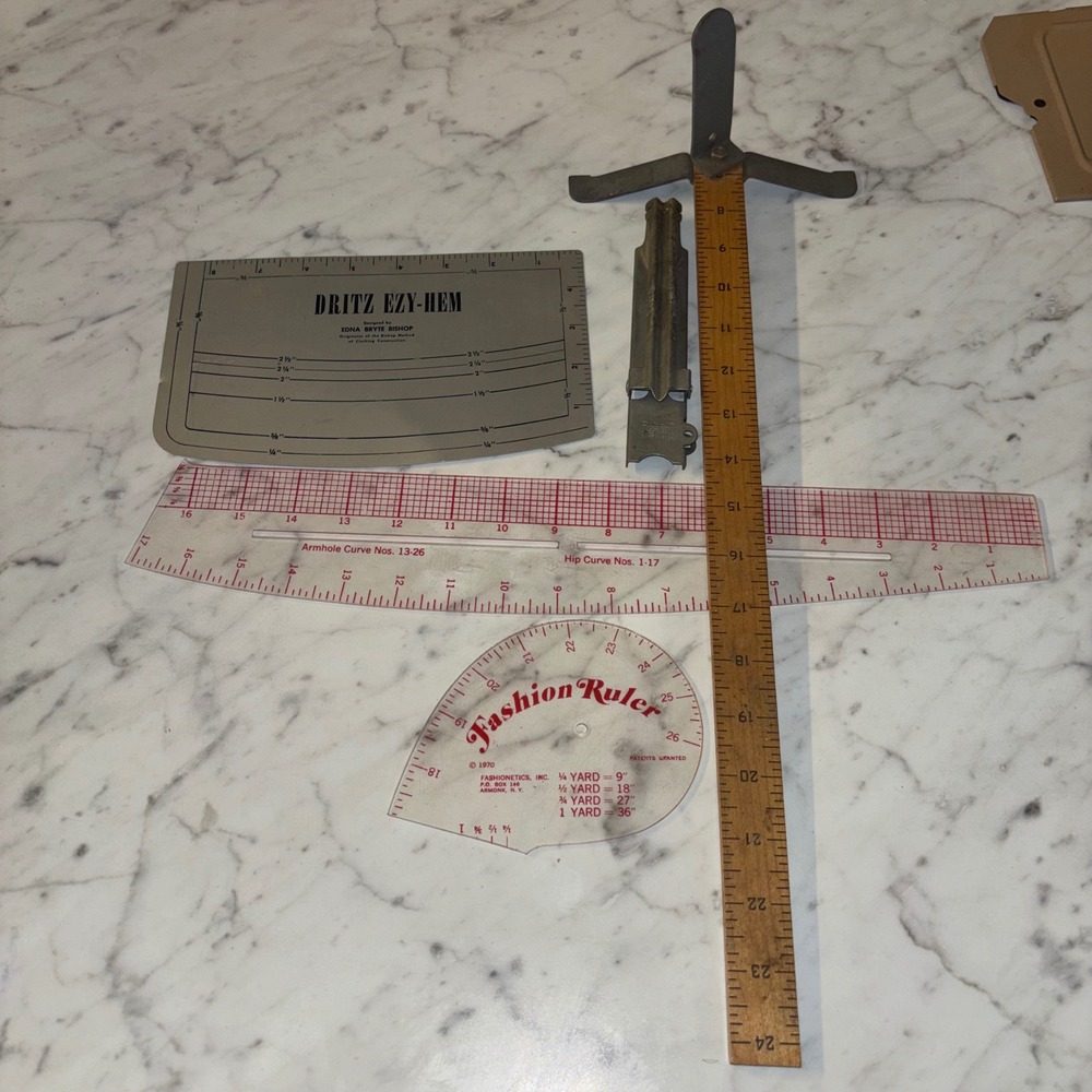 Vintage Sewing Tool Lot Dritz Ezy-Hem Pin-It Skirt Marker Fashion Ruler T-Square